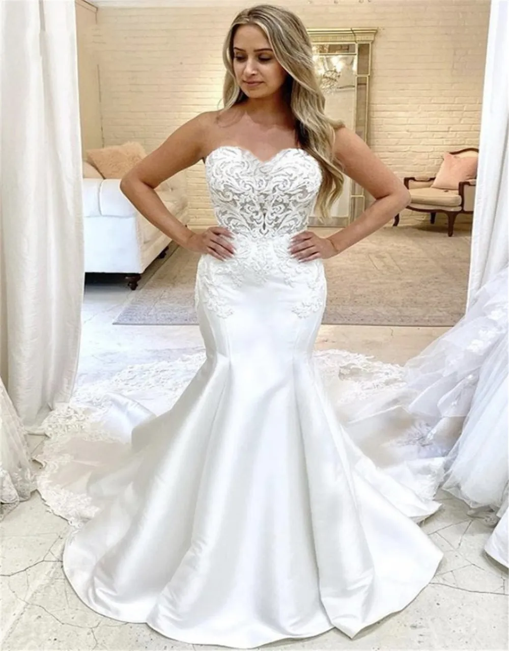 chinese dress ladies Winaiwi Strapless Mermaid Wedding Dress Lace Ruffle Bridal Dress Sweetheart  Wedding Gowns with Train Champagne Size 0 at Amazon Women's Clothing store main image 0