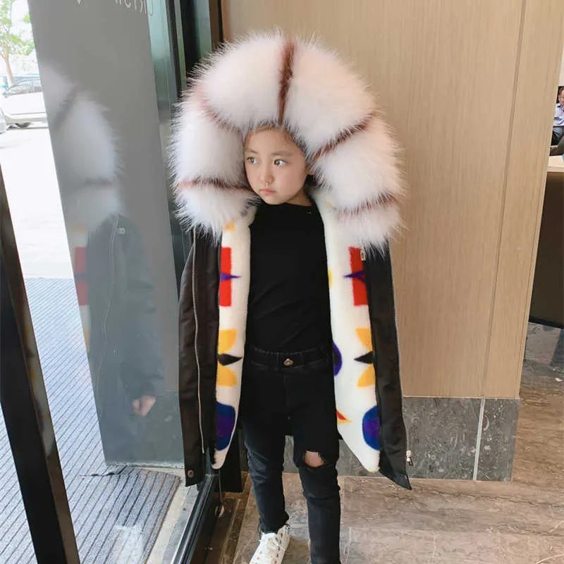2021ファッション冬の子供たちのファックスフォックスの毛皮のコート子供男の子の女の子の服服フード付き厚い暖かいジャケットアウターウェアパーカースノースーツH0909