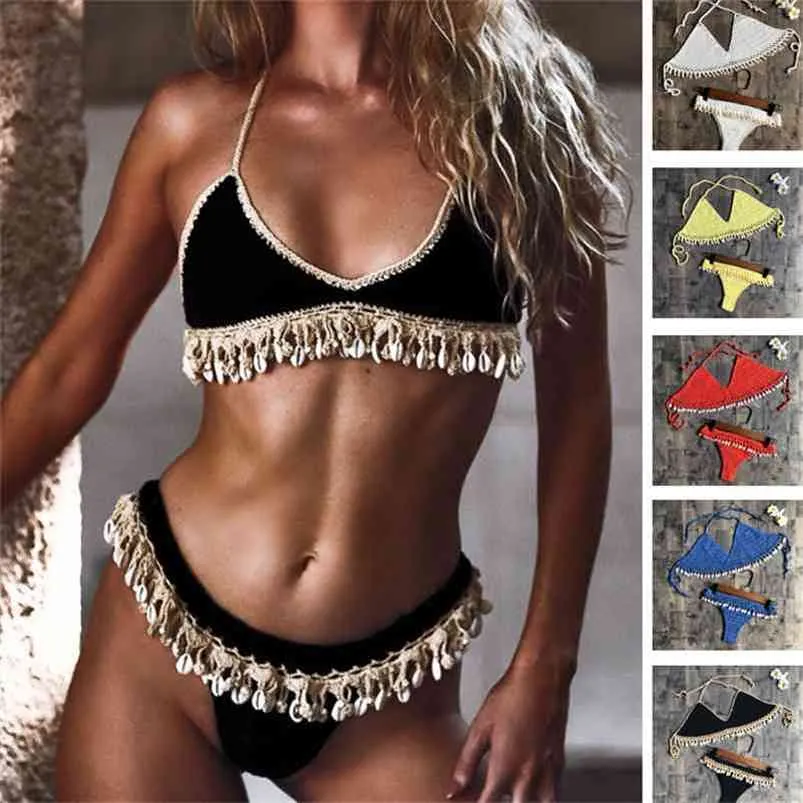 Szydełka Bikini Zestaw Shell Tassels Brazylijski strój kąpielowy Kobiety Halter Swimwear Strappy S 210621