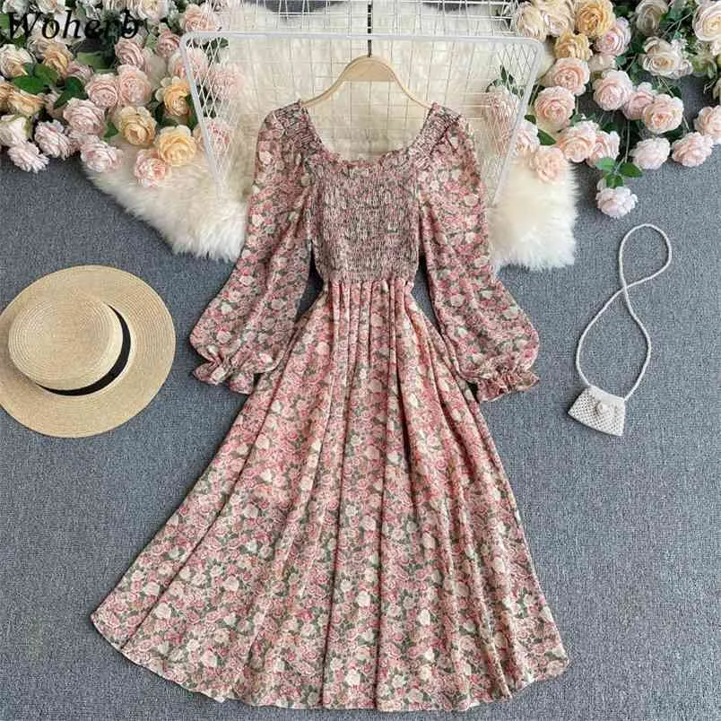 Women Korean Floral Dress Square Collar Puff Sleeve A-line Dresses Spring Pleated Slim Chiffon Vestidos Vintage Robe 210519