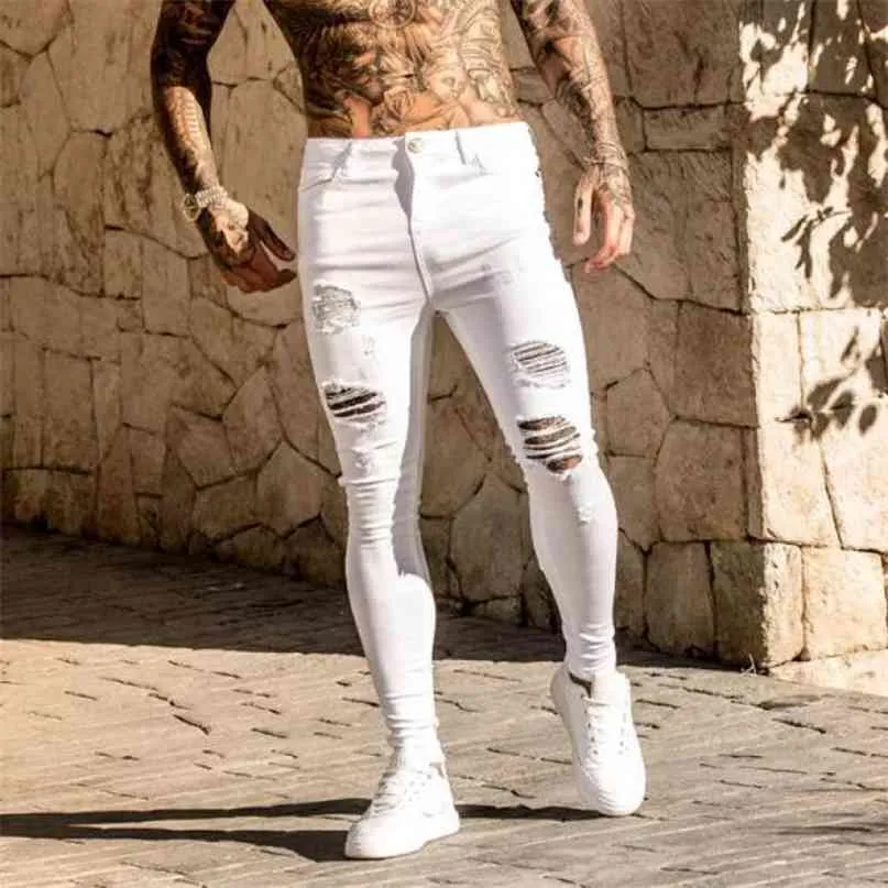 Pantalones vaqueros rasgados estilo Boy Friend estilo blanco flaco para hombre apenado dilapidado vaquero agujero roto estiramiento azul negro 210723