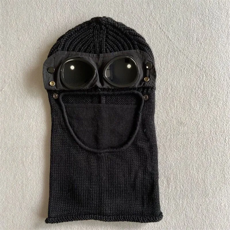 Twee lens windscherm mutsen outdoor katoen gebreid winddicht heren gezichtsmasker casual mannelijke schedelkappen hoeden bril afneembaar zwart