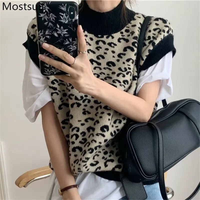 Leopard Stickad tröja Vest Women Sleeveless Polo koreanska Vintage Fashion Pullover Mujer 210.514