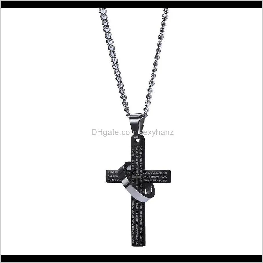 Fashion Mens Silver Chain Bible Ring Cross Pendant Necklace Hip Hop Jewelry Stainless Steel Link Chain Punk Black Necklaces For Men