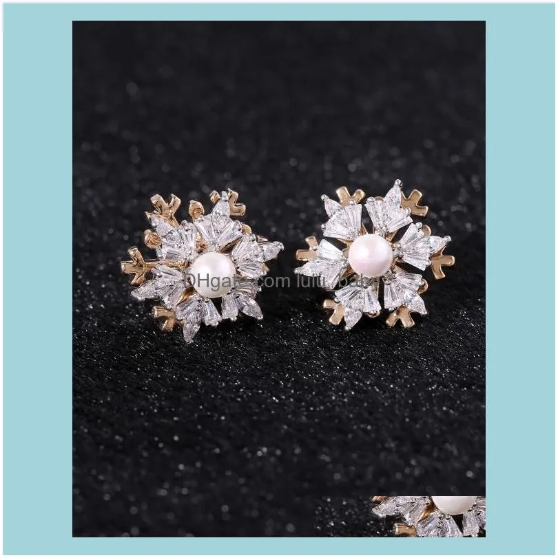Stud Fashion Simple Inlay Snowflake Cubic Zirconia Rotate Earrings Jwelry For Women 925S Needle Party Wedding Birthday1