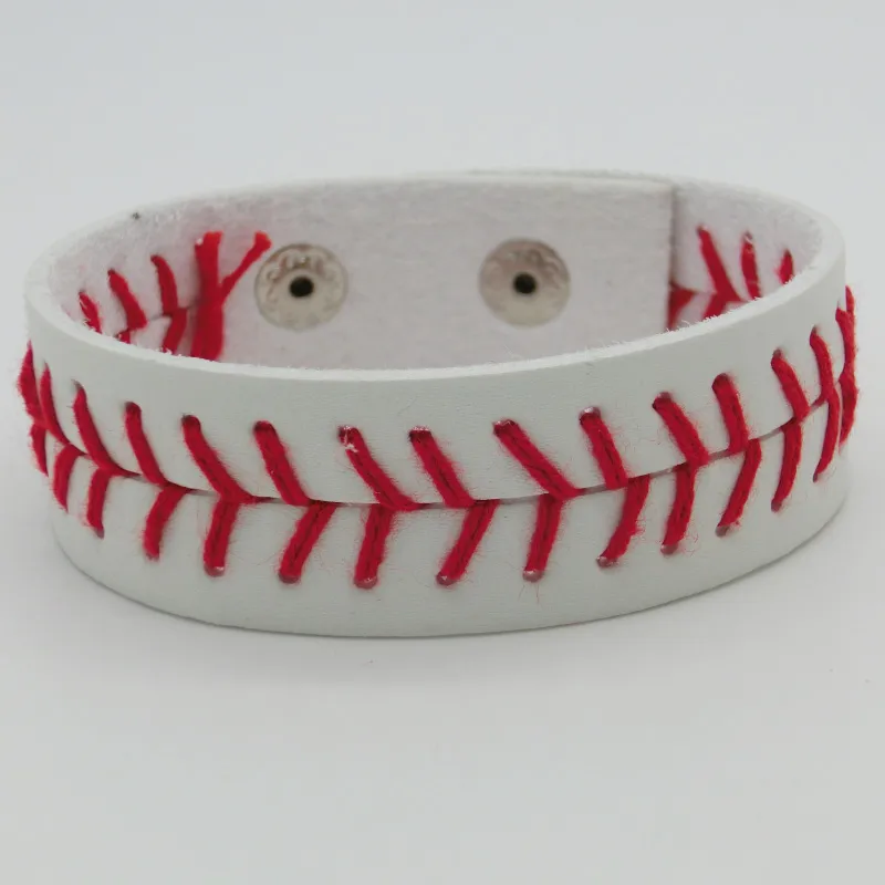 Baseball- oder Softball-Lederarmband mit roten Nähten und Sportschmuck mit Druckknopfverschluss