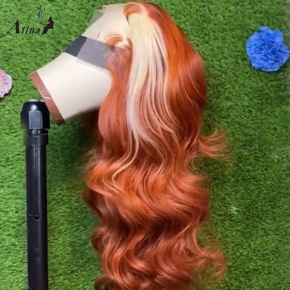 Long Honey Blonde Lace Frontal Human Hair Wig Ombre Ginger Orange Full Front Highlight 28 30 Inch Synthetic Deep Wave Wigs