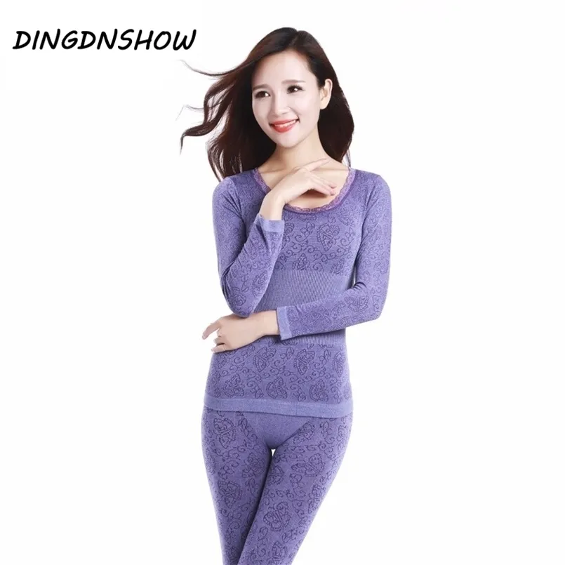 Lace Thermal Underwear Sexy Ladies Clothes Winter Seamless Antibacterial Warm Intimates Print Long Johns Women Shaped Sets 211110