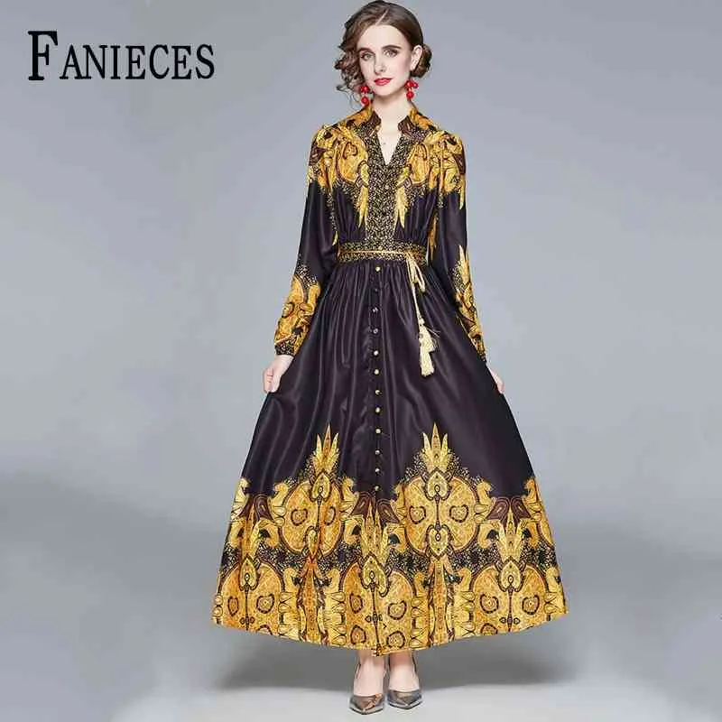 High quality Office Lady Spring Autumn Designer Runway Dresses Women Long Sleeve Turn-Down Collar Vintage Print Maxi Dress Belt 210520