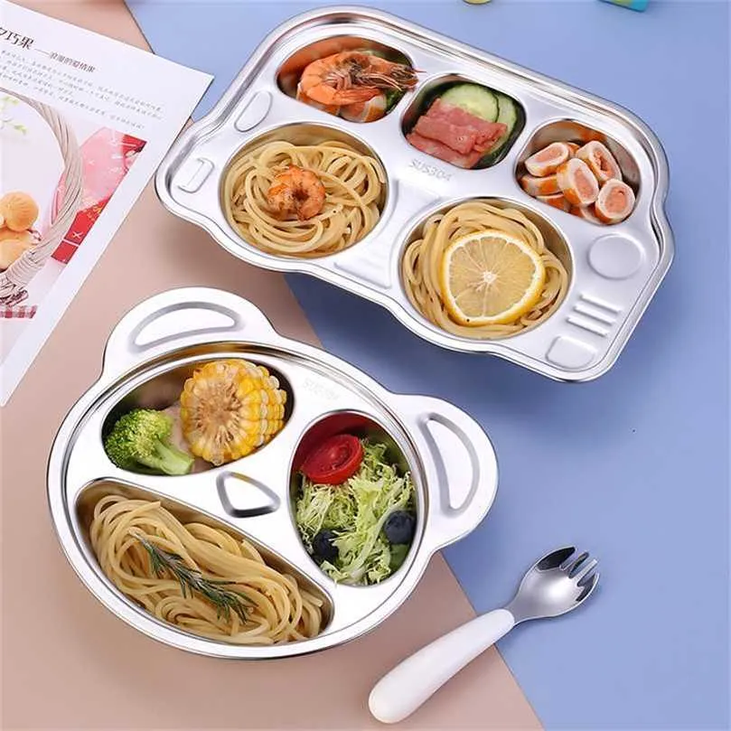 Children's Plate Cute Bus Bear Stainless Steel Grid Kids Breakfast Dinner Dinnerware Baby Food Feeding Dishes Tray 211026