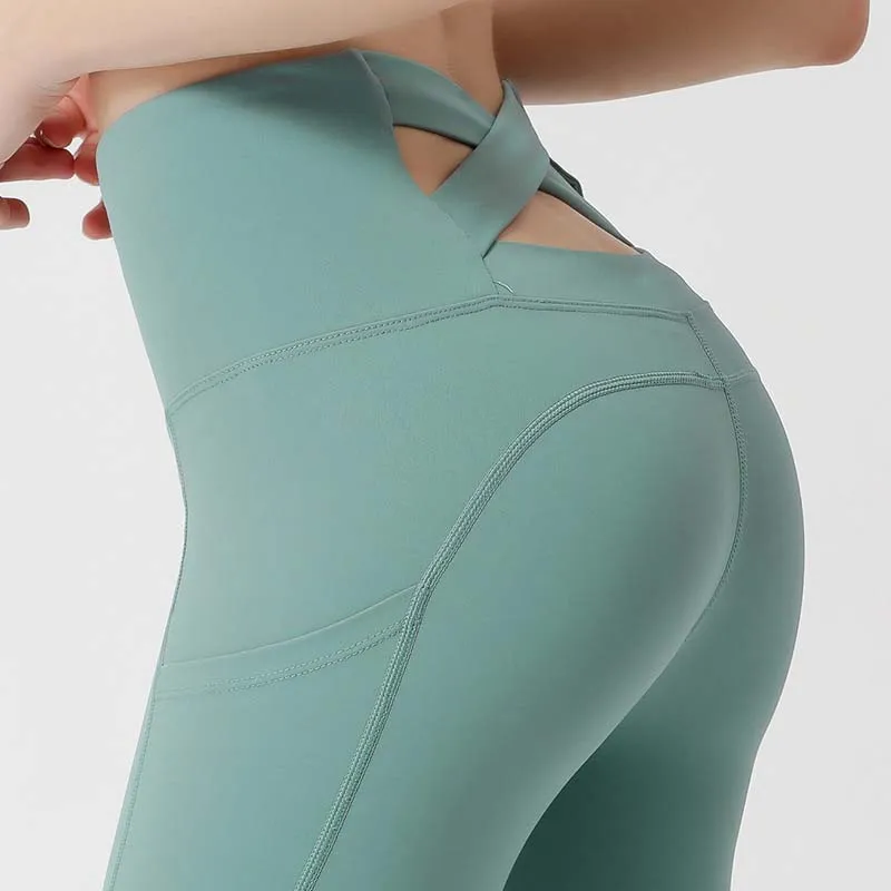 Damen-Yogahose, Designer-Outfit mit hoher Taille und elastischer Taille, formend, für Herbst und Sommer, Stretch-Bauch, eng anliegender Sport, pfirsichfarbener Nude-Gesäß, Damen-Yogahose von Fiess