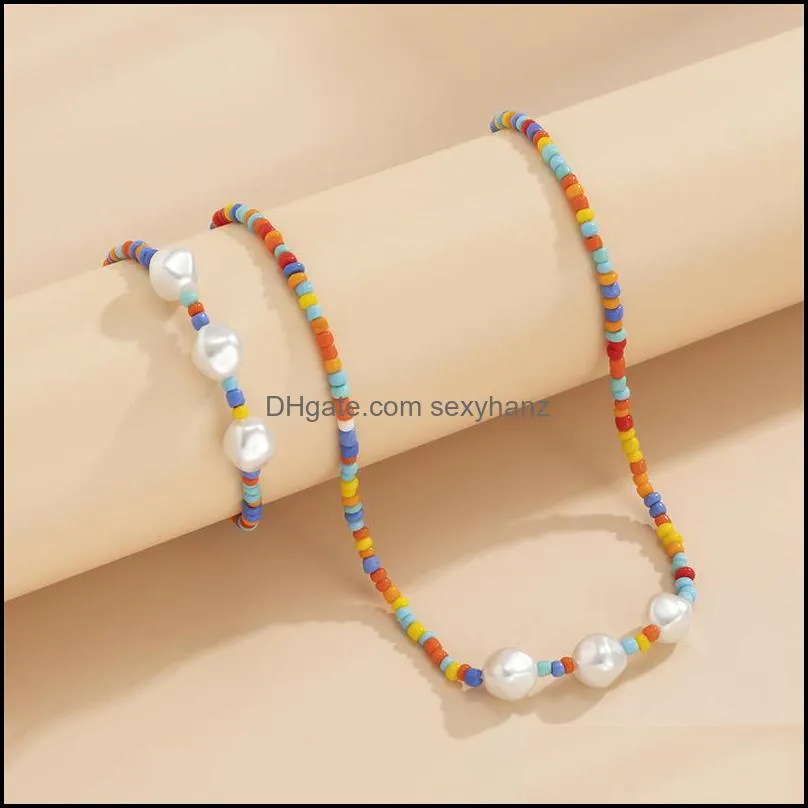 Yamog Baroque Imitation Pearl Splicing Beaded Bracelet & Necklace Women Colorful Retro Handmade Necklaces European Vacation Party Hand Ornaments Sets