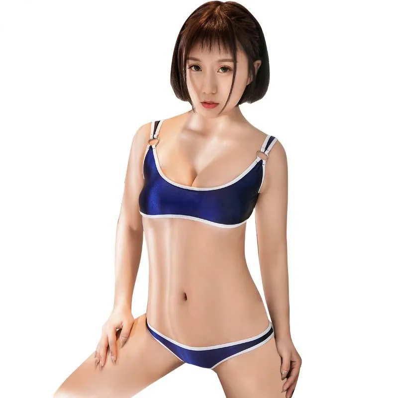 Kadın Mayo Yüksek Elastik Yağ Gloosy Ring Kawaii Japon 2 Parça Bikini Set Seksi Tanga Mikro Mini Biquini Beach Giyim Mayo Kadınlar