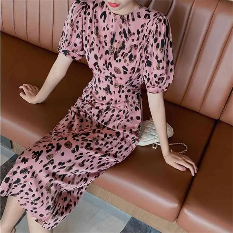 sommar puff kortärmad sommar midi rosa leopard klänning vintage kvinnor elegant damer o-nack casual slim chic 210519