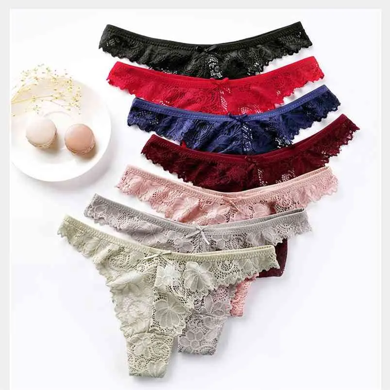 7 st / lot pantie sexig spets thong hollow-out transparent briefs bomull crotch g-sträng set underkläder underkläder droppe 210730