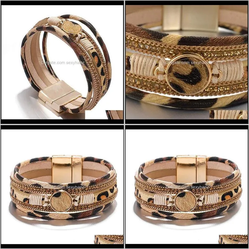 leopard print leather bracelet geometric multilayer design wide alloy magnetic buckle bracelet women vintage fashion jewelery