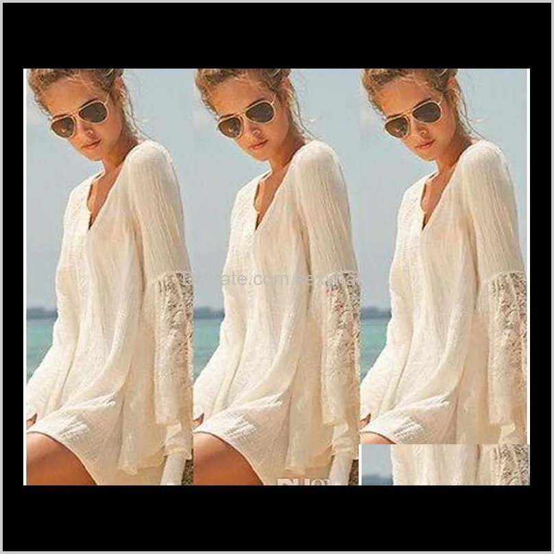 summer women vintage hippie boho bell sleeves gypsy festival holiday sexy lace mini dress white beige