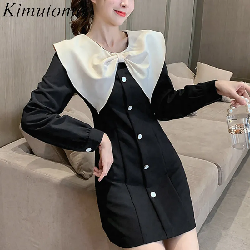 Kimutomo Sweet Bow Turn-down Collar Dress Donna Primavera Autunno Corea Chic Ladies Colorblock Bottoni Vestido Elegante 210521