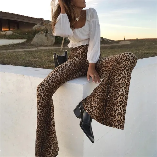 Yiciya 2020 Höst Vinter Kvinnor Mode Sexig Bodycon Trousers Club Byxor Hög midja Leopard Print Flare Leggings Q0801