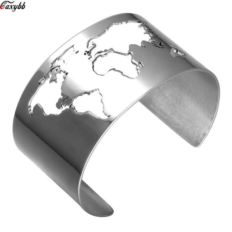 Mapa do mundo Cut-Out Cuff Bangle Pulseira Paz Paz Jóias Aço Inoxidável 35mm Gravura Laser Gravura Bem Polido Círculo Ângulo Q0720