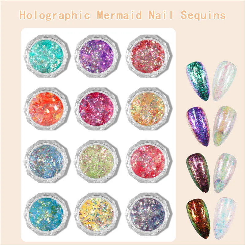 2021 Mode 1 stücke holographische opal puder nail art mermaid glitter unregelmäßige pailletten flocken aurora pulver arcylic nails tipps zubehör