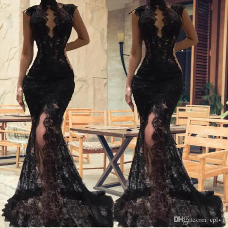 2022 Sexiga Svart Ärmlös Mermaid Prom Klänningar Split High Neck Aftonklänningar Se genom Full Lace Celebrity Party Dress