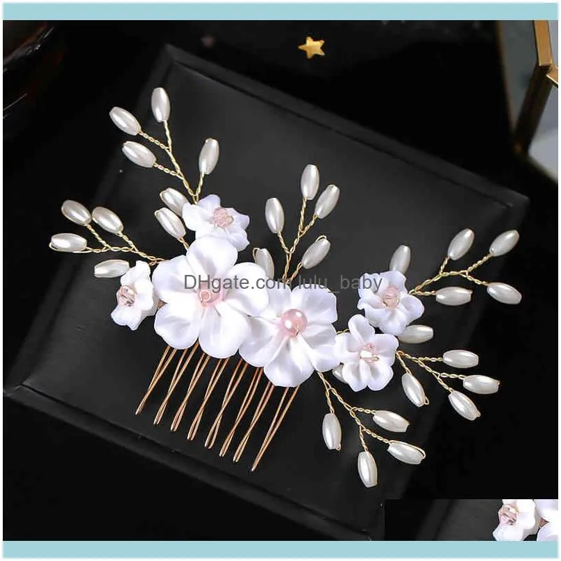 Gold 3 Pcs Pearl Combs Clips Sets Crystal pins Wedding Hair Accessories Women Head Jewelry Ribbon Flower