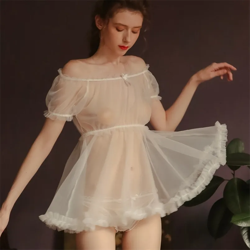 Sexy Pajama's Summer Thin Transparent Tops Gauze Attractive Home Clothes Temptation Women Set 210809