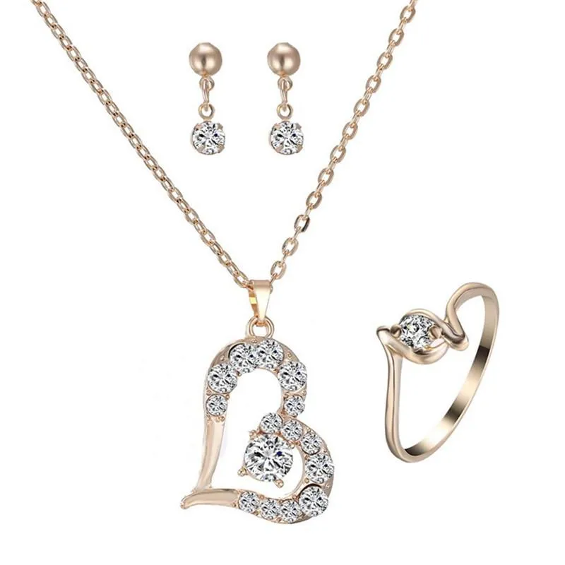 Mode Kostuum Sieraden Gouden Ketting Crystal Zirkoon Sneeuwvlok Hart Ketting Oorbellen Ring Set voor Vrouwen Girls Gift