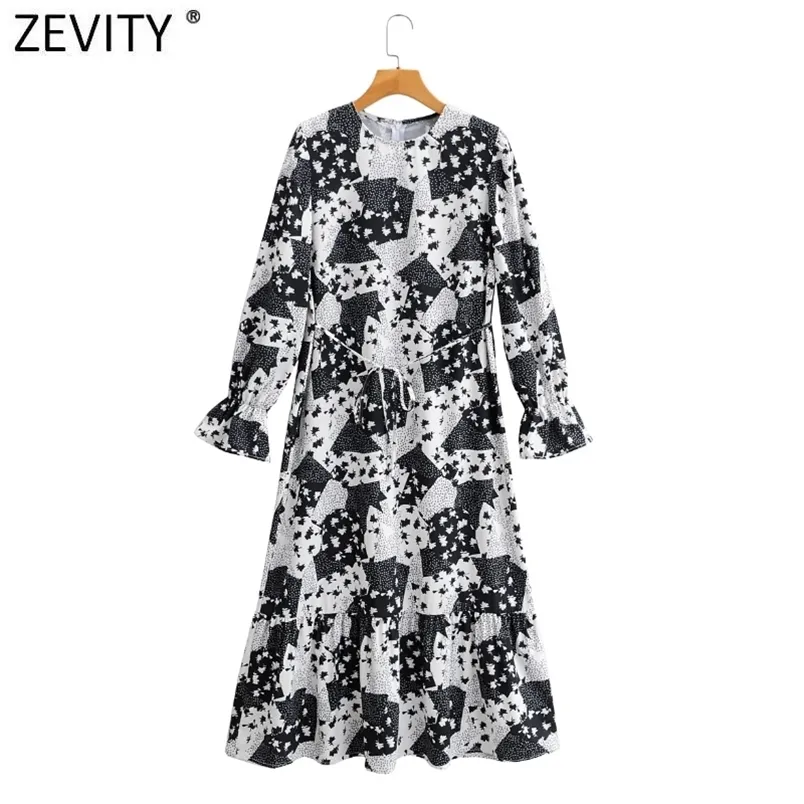 Vrouwen Elegante O Hals Contrast Kleur Patchwork Print Hem Ruffles Midi Dress Office Dames Chique Flare Sleeve Vestido DS4680 210420