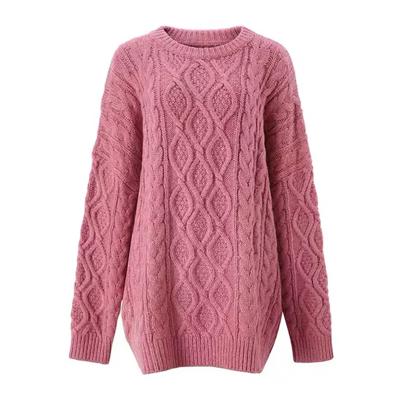 Femmes tricotées pulls ras du cou solide o long pull câble violet rose gris noir rouge beige lâche hiver m0238 210514