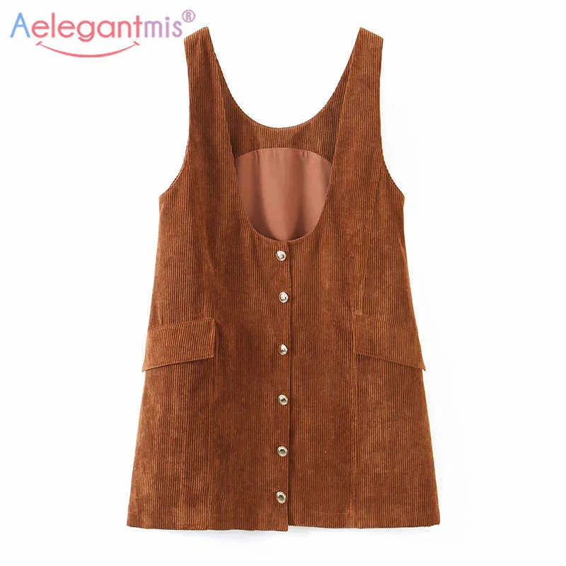 AELEGANTMIS Corduroy Kamizelka Sukienka Kobiety Vintage Casual Chic Luźny Spaghetti Pasek Mini Vestido de Mujer Streetwear Koreański 210607