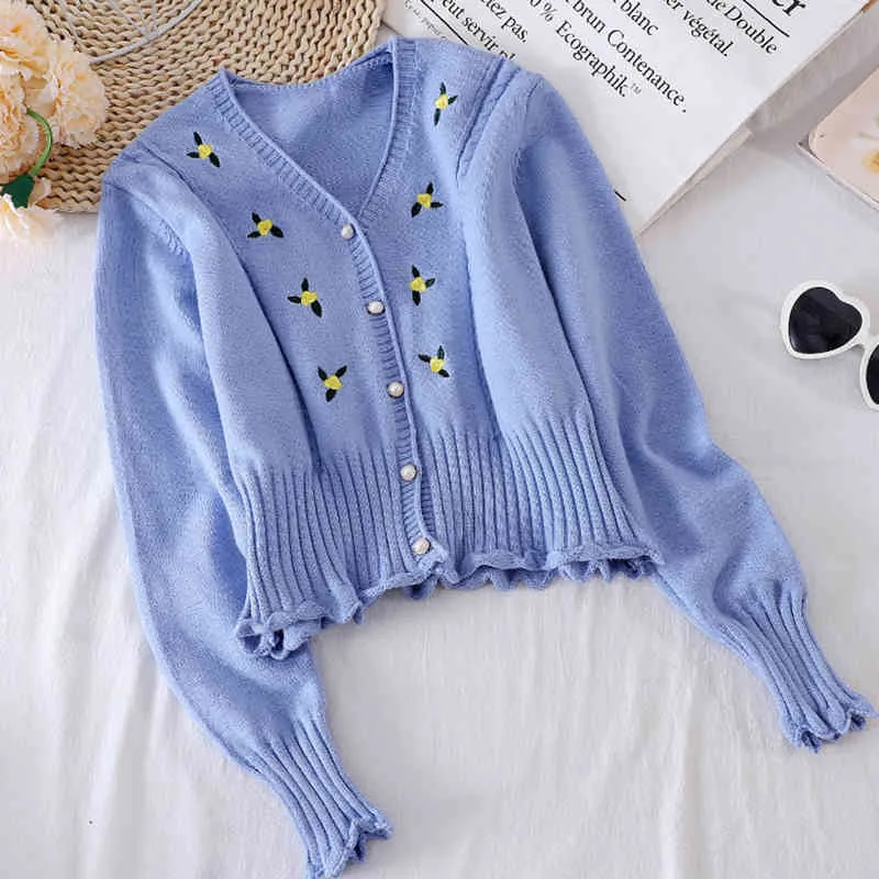 Primavera Autumn Cardigan Cardigan Coreano Flower Bordado Bordado