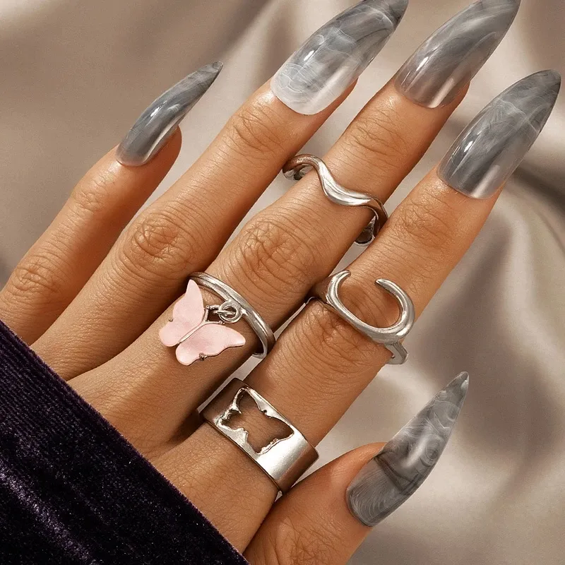 Vintage Boho Hohl Schmetterling Ring Set Für Frauen Unregelmäßige Silber Farbe Geometrische Knuckle Finger Ring Hochzeit Schmuck Geschenk