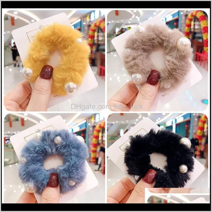 Winter Children Cute Colors Faux Fur Pearl Elastic Hair Bands Girls Sweet Soft Scrunchies Rubber Bands Kids Hair Accessories