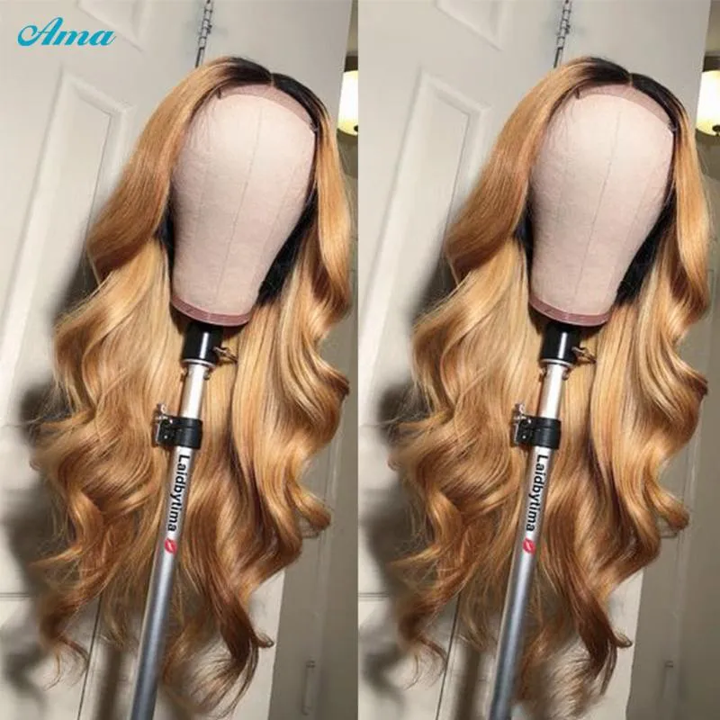 Destaque Peruca Cabelo Humano Cabelo Do Corpo Lace Front Wigs Honey Loira Brown Colorido T1B 27 Ombre Fecho para Mulheres Remy