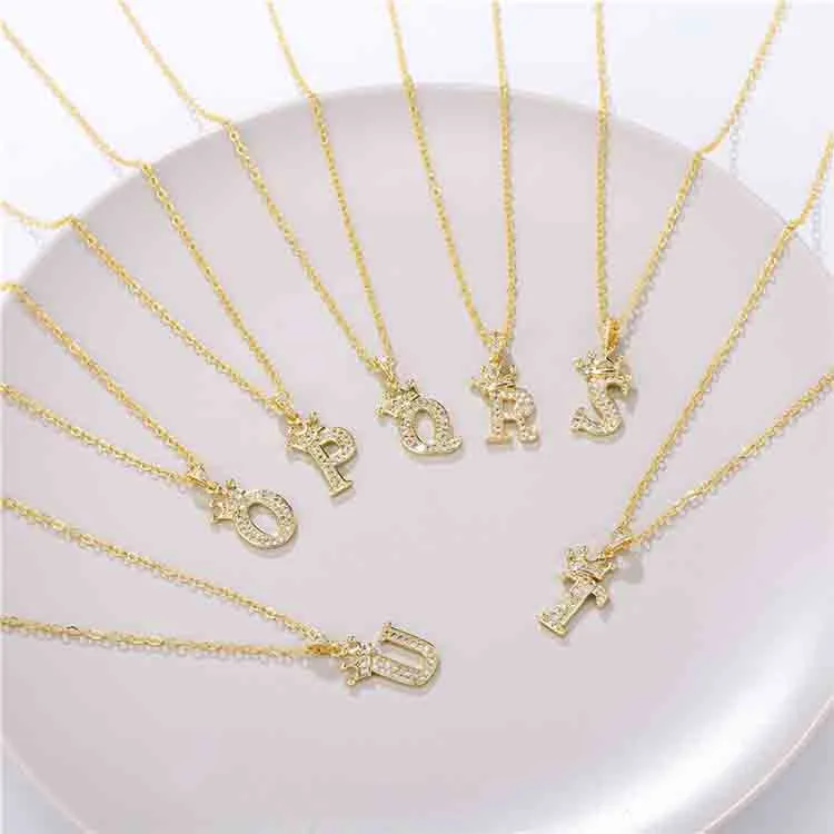 Fashion Alphabet Letter Wear Crown Pendant Necklaces Initials A To Z With Artificial Diamonds Letters Charm Luxurious Gilding Necklace Wholesale
