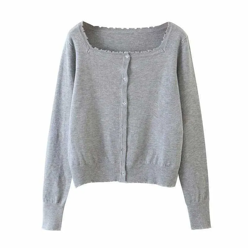 Koreanische frauen Gestrickte Pullover Frühling Casual Einreiher Einfarbig Quadrat Kragen Ragged Cardigan 210607