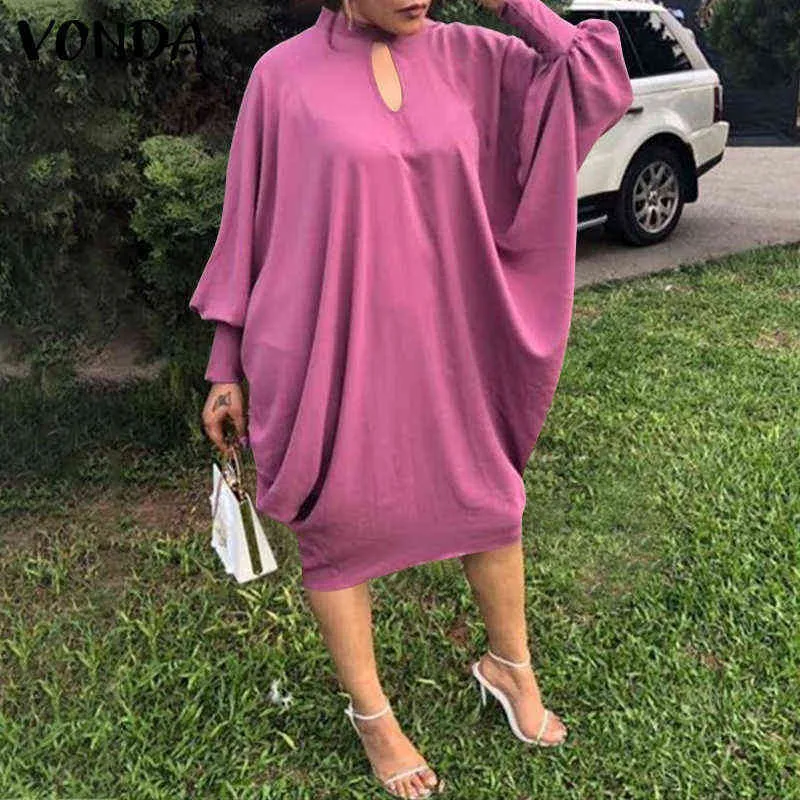 VONDA Autumn Dr2021 Summer Spring Long Bat-Sleeve Solid Dresses Elegant Knee-Length Party Robe Ladies Bohemian Vestidos X0529