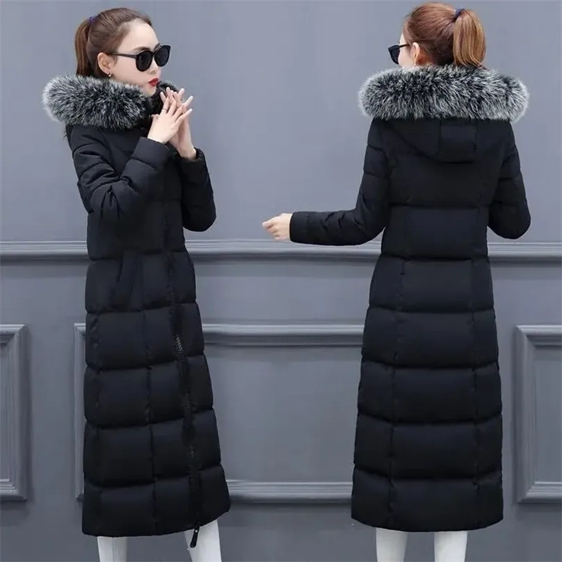 women winter bubble coats down long padded clothes solid color black jacket puffer warm thick parkas fur hooded 211013