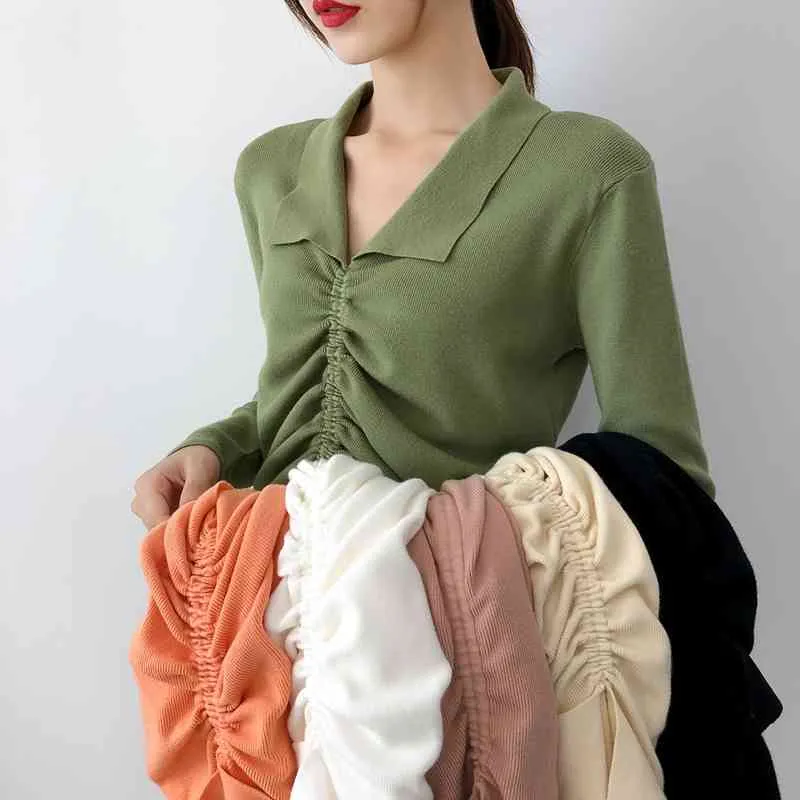 Top donna stile coreano autunno inverno slim-fit scollo a V manica lunga maglia pullover tinta unita con lacci 200G 210420