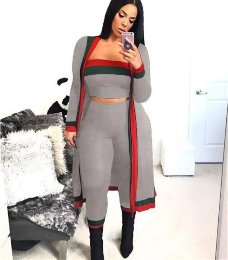 New Arrival Tracksuits Black Striped 3 Pieces Sets Casual Outfits Long Cloak Strapless Overalls Bodysuit Women Clothing Costumes plus size