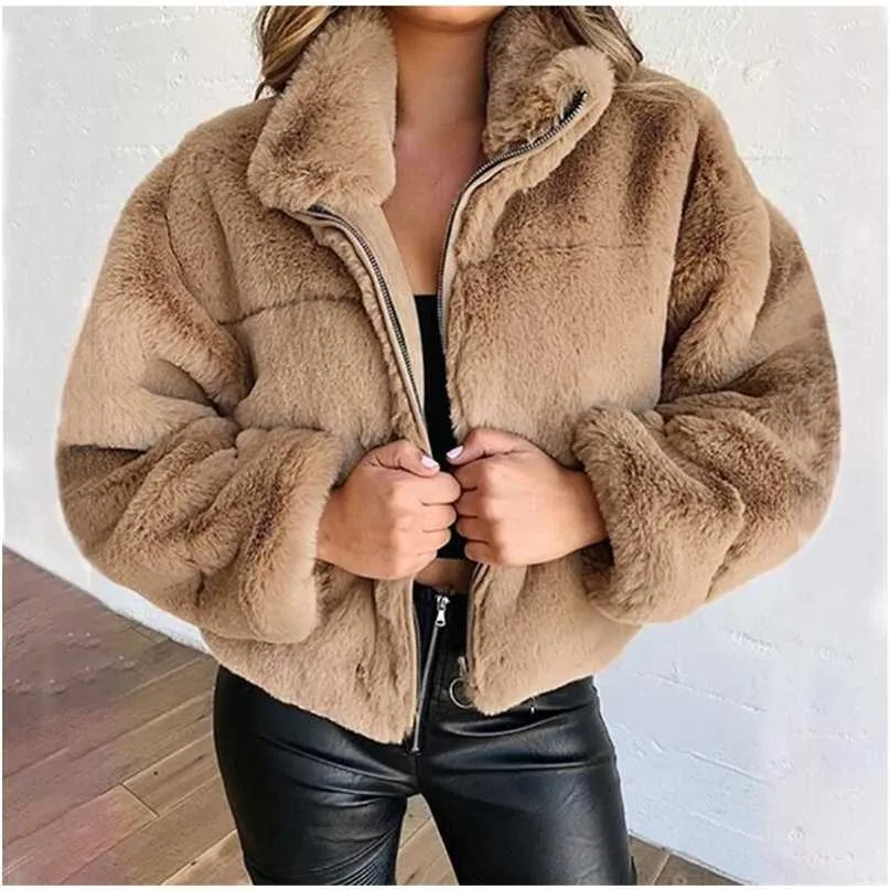겨울 여성 까마귀 따뜻한 긴 슬리브 양털 재킷 자르기 탑스 포켓이있는 펑크 outwear 코트를 지퍼 대형 짧은 코트 211018