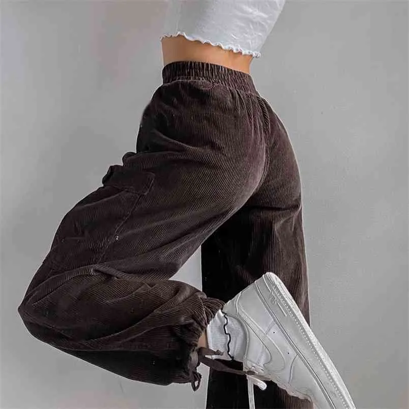 Brown Y2K Corduroy Joggers Pants For Women Fashion Harajuku Long High Waisted Trousers Jogging Cargo Sweatpants Female 210510