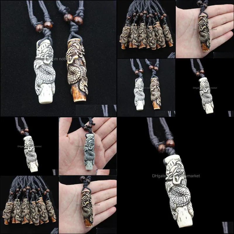 Lots Wholesale 12pcs COOL Boy men`s Simulation Bone Carving Totem Dragon Pendant Wood Beads Amulet Pendant Necklace Lucky Gift XL76