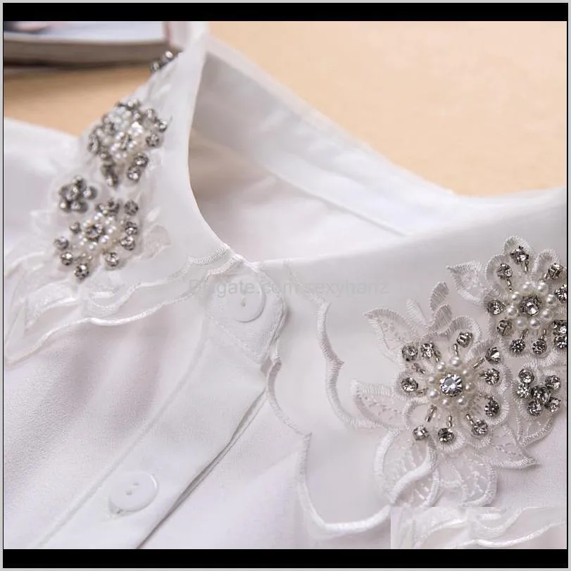 appliques fake collar ladies blouse white lace sleeveless women chiffon shirt 2021 winter fashion office lady fake half shirt