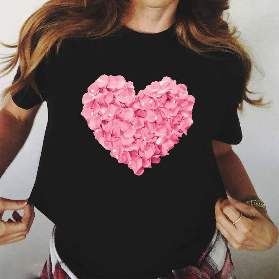 Zogankin Pink Heart Flower Print Dames Zwart Tshirt Katoen Casual Zomer Nieuwe Mode T-shirt 90s Yong Girl Tops X0527