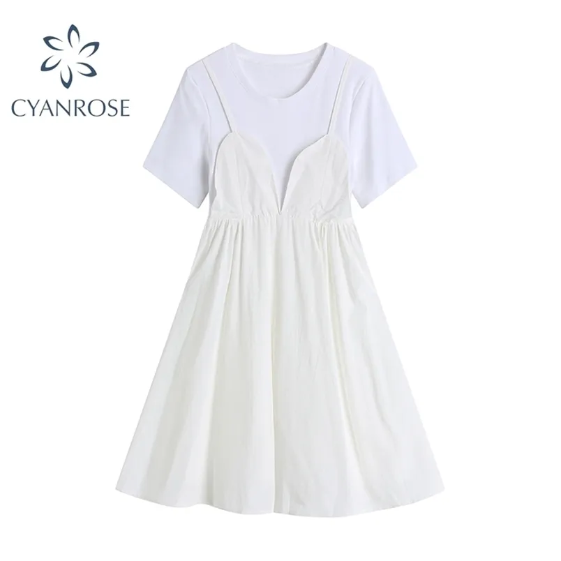 Branco camiseta camiseta vestido de retalhos mulheres verão estilo coreano casual o pescoço manga curta v vestidos drapeados senhoras 210515
