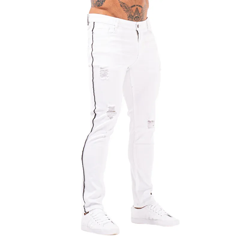 Jeans vit hip hop män bomull hög midja byxor sträcka skinny jeans män midja elastiska byxor för män silm passar zm143