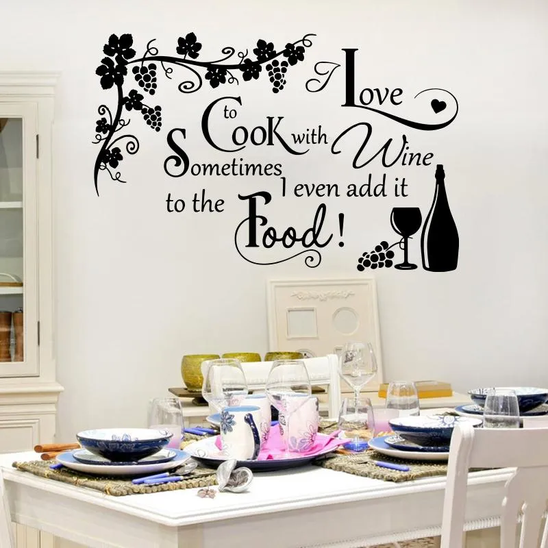 Väggklistermärken Koka med Vin Kök Grape Sticker Dining Room Love Cooking Food Family Quote Dekal Heminredning